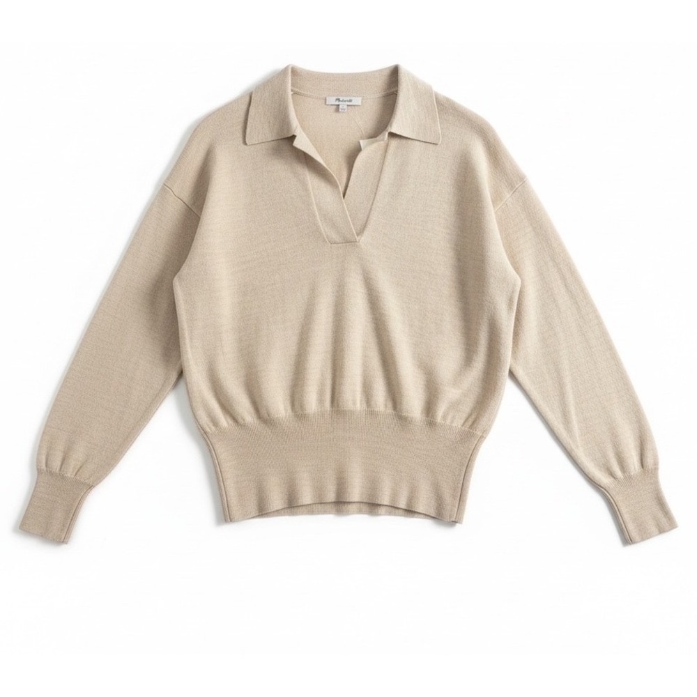 Madewell Polo Sweater S Beige Merino Wool V-Neck old money quiet luxury